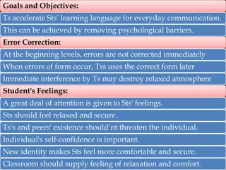 Goals and Objectives:
Ts accelerate Sts’ learning language for everyday communication.
This can be achieved by removing psychological barriers.
Error Correction:
At the beginning levels, errors are not corrected immediately
When errors of form occur, Tss uses the correct form later

Immediate interference by Ts may destroy relaxed atmosphere
Student's Feelings:
A great deal of attention is given to Sts' feelings.
Sts should feel relaxed and secure.
Ts's and peers' existence should’nt threaten the individual.
Individual's self-confidence is important.
New identity makes Sts feel more comfortable and secure.
Classroom should supply feeling of relaxation and comfort.

 