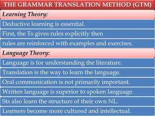 THE GRAMMAR TRANSLATION METHOD (GTM)
Learning Theory:
Deductive learning is essential.

First, the Ts gives rules explicitly then
rules are reinforced with examples and exercises.
Language Theory:
Language is for understanding the literature.
Translation is the way to learn the language.
Oral communication is not primarily important.
Written language is superior to spoken language.
Sts also learn the structure of their own NL.
Learners become more cultured and intellectual.

 