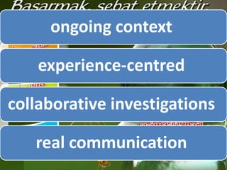 ongoing context
experience-centred
collaborative investigations

real communication

 