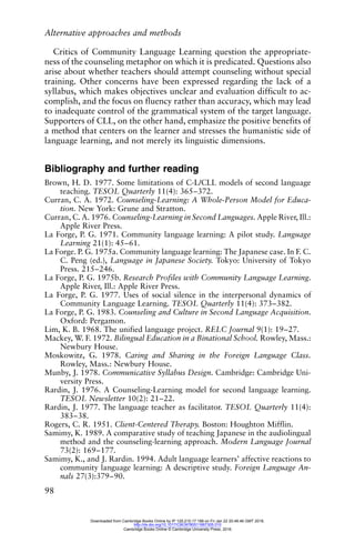 Alternative approaches and methods
98
Critics of Community Language Learning question the appropriate-
ness of the counseling metaphor on which it is predicated. Questions also
arise about whether teachers should attempt counseling without special
training. Other concerns have been expressed regarding the lack of a
syllabus, which makes objectives unclear and evaluation difficult to ac-
complish, and the focus on fluency rather than accuracy, which may lead
to inadequate control of the grammatical system of the target language.
Supporters of CLL, on the other hand, emphasize the positive benefits of
a method that centers on the learner and stresses the humanistic side of
language learning, and not merely its linguistic dimensions.
Bibliography and further reading
Brown, H. D. 1977. Some limitations of C-L/CLL models of second language
teaching. TESOL Quarterly 11(4): 365–372.
Curran, C. A. 1972. Counseling-Learning: A Whole-Person Model for Educa-
tion. New York: Grune and Stratton.
Curran, C. A. 1976. Counseling-Learning in Second Languages. Apple River, Ill.:
Apple River Press.
La Forge, P. G. 1971. Community language learning: A pilot study. Language
Learning 21(1): 45–61.
La Forge. P. G. 1975a. Community language learning: The Japanese case. In F. C.
C. Peng (ed.), Language in Japanese Society. Tokyo: University of Tokyo
Press. 215–246.
La Forge, P. G. 1975b. Research Profiles with Community Language Learning.
Apple River, Ill.: Apple River Press.
La Forge, P. G. 1977. Uses of social silence in the interpersonal dynamics of
Community Language Learning. TESOL Quarterly 11(4): 373–382.
La Forge, P. G. 1983. Counseling and Culture in Second Language Acquisition.
Oxford: Pergamon.
Lim, K. B. 1968. The unified language project. RELC Journal 9(1): 19–27.
Mackey, W. F. 1972. Bilingual Education in a Binational School. Rowley, Mass.:
Newbury House.
Moskowitz, G. 1978. Caring and Sharing in the Foreign Language Class.
Rowley, Mass.: Newbury House.
Munby, J. 1978. Communicative Syllabus Design. Cambridge: Cambridge Uni-
versity Press.
Rardin, J. 1976. A Counseling-Learning model for second language learning.
TESOL Newsletter 10(2): 21–22.
Rardin, J. 1977. The language teacher as facilitator. TESOL Quarterly 11(4):
383–38.
Rogers, C. R. 1951. Client-Centered Therapy. Boston: Houghton Mifflin.
Samimy, K. 1989. A comparative study of teaching Japanese in the audiolingual
method and the counseling-learning approach. Modern Language Journal
73(2): 169–177.
Samimy, K., and J. Rardin. 1994. Adult language learners’ affective reactions to
community language learning: A descriptive study. Foreign Language An-
nals 27(3):379–90.
Downloaded from Cambridge Books Online by IP 129.215.17.188 on Fri Jan 22 20:48:46 GMT 2016.
http://dx.doi.org/10.1017/CBO9780511667305.010
Cambridge Books Online © Cambridge University Press, 2016
 