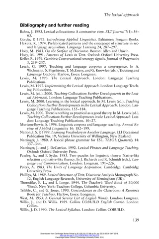 The lexical approach
139
Bibliography and further reading
Bahns, J. 1993. Lexical collocations: A contrastive view. ELT Journal 7(1): 56–
63.
Corder, P. 1973. Introducing Applied Linguistics. Baltimore: Penguin Books.
Hakuta, K. 1974. Prefabricated patterns and the emergence of structure in sec-
ond language acquisition. Language Learning 24, 287–297.
Hoey, M. 1983. On the Surface of Discourse. Boston: Allen and Unwin.
Hoey, M. 1991. Patterns of Lexis in Text. Oxford: Oxford University Press.
Keller, R. 1979. Gambits: Conversational strategy signals. Journal of Pragmatics
3, 219–237.
Leech, G. 1997. Teaching and language corpora: a convergence. In A.
Wichmann, S. Fligelstone, T. McEnery, and G. Knowles (eds.), Teaching and
Language Corpora. Harlow, Essex: Longman.
Lewis, M. 1993. The Lexical Approach. London: Language Teaching
Publications.
Lewis, M. 1997. Implementing the Lexical Approach. London: Language Teach-
ing Publications.
Lewis, M. (ed.). 2000. Teaching Collocation: Further Developments in the Lexi-
cal Approach. London: Language Teaching Publications.
Lewis, M. 2000. Learning in the lexical approach. In M. Lewis (ed.), Teaching
Collocation: Further Developments in the Lexical Approach. London: Lan-
guage Teaching Publications. 155–184.
Lewis, M. 2000. There is nothing as practical as a good theory. In M. Lewis (ed.),
Teaching Collocation: Further Developments in the Lexical Approach. Lon-
don: Language Teaching Publications. 10–27.
Murison-Bowie, S. 1996. Linguistic corpora and language teaching. Annual Re-
view of Applied Linguistics 16: 182–199.
Nation, I. S. P. 1999. Learning Vocabulary in Another Language. ELI Occasional
Publication No. 19, Victoria University of Wellington, New Zealand.
Nattinger, J. 1980. A lexical phrase grammar for ESL. TESOL Quarterly 14:
337–344.
Nattinger, J., and J. DeCarrico. 1992. Lexical Phrases and Language Teaching.
Oxford: Oxford University Press.
Pawley, A., and F. Syder. 1983. Two puzzles for linguistic theory: Native-like
selection and native-like fluency. In J. Richards and R. Schmidt (eds.), Lan-
guage and Communication. London: Longman. 191–226.
Peters, A. 1983. The Units of Language Acquisition. Cambridge: Cambridge
University Press.
Phillips, M. 1989. Lexical Structure of Text. Discourse Analysis Monograph No.
12, English Language Research, University of Birmingham (UK).
Thorndike, E. L., and I. Longe. 1944. The Teacher’s Word Book of 30,000
Words. New York: Teachers College, Columbia University.
Tribble, C., and G. Jones. 1990. Concordances in the Classroom: A Resource
Book for Teachers. Harlow, Essex: Longman.
West, M. 1953. A General Service List of English Words. London: Longman.
Willis, J., and D. Willis. 1989. Collins COBUILD English Course. London:
Collins.
Willis, J. D. 1990. The Lexical Syllabus. London: Collins COBUILD.
Downloaded from Cambridge Books Online by IP 129.215.17.188 on Fri Jan 22 20:50:39 GMT 2016.
http://dx.doi.org/10.1017/CBO9780511667305.015
Cambridge Books Online © Cambridge University Press, 2016
 