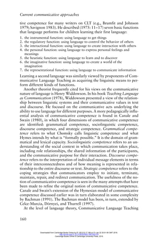 Current communicative approaches
160
tive competence for many writers on CLT (e.g., Brumfit and Johnson
1979; Savignon 1983). He described (1975: 11–17) seven basic functions
that language performs for children learning their first language:
1. the instrumental function: using language to get things
2. the regulatory function: using language to control the behavior of others
3. the interactional function: using language to create interaction with others
4. the personal function: using language to express personal feelings and
meanings
5. the heuristic function: using language to learn and to discover
6. the imaginative function: using language to create a world of the
imagination
7. the representational function: using language to communicate information
Learning a second language was similarly viewed by proponents of Com-
municative Language Teaching as acquiring the linguistic means to per-
form different kinds of functions.
Another theorist frequently cited for his views on the communicative
nature of language is Henry Widdowson. In his book Teaching Language
as Communication (1978), Widdowson presented a view of the relation-
ship between linguistic systems and their communicative values in text
and discourse. He focused on the communicative acts underlying the
ability to use language for different purposes. A more pedagogically influ-
ential analysis of communicative competence is found in Canale and
Swain (1980), in which four dimensions of communicative competence
are identified: grammatical competence, sociolinguistic competence,
discourse competence, and strategic competence. Grammatical compe-
tence refers to what Chomsky calls linguistic competence and what
Hymes intends by what is “formally possible.” It is the domain of gram-
matical and lexical capacity. Sociolinguistic competence refers to an un-
derstanding of the social context in which communication takes place,
including role relationships, the shared information of the participants,
and the communicative purpose for their interaction. Discourse compe-
tence refers to the interpretation of individual message elements in terms
of their interconnectedness and of how meaning is represented in rela-
tionship to the entire discourse or text. Strategic competence refers to the
coping strategies that communicators employ to initiate, terminate,
maintain, repair, and redirect communication. The usefulness of the no-
tion of communicative competence is seen in the many attempts that have
been made to refine the original notion of communicative competence.
Canale and Swain’s extension of the Hymesian model of communicative
competence discussed earlier was in turn elaborated in some complexity
by Bachman (1991). The Bachman model has been, in turn, extended by
Celce-Murcia, Dörnyei, and Thurrell (1997).
At the level of language theory, Communicative Language Teaching
Downloaded from Cambridge Books Online by IP 129.215.17.188 on Fri Jan 22 20:51:06 GMT 2016.
http://dx.doi.org/10.1017/CBO9780511667305.018
Cambridge Books Online © Cambridge University Press, 2016
 