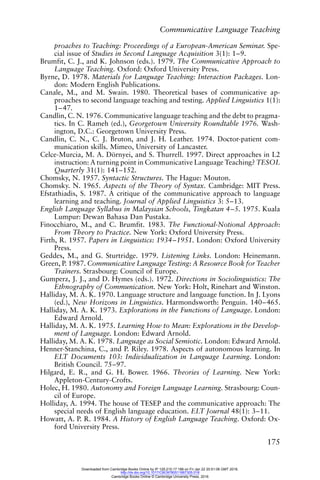Communicative Language Teaching
175
proaches to Teaching: Proceedings of a European-American Seminar. Spe-
cial issue of Studies in Second Language Acquisition 3(1): 1–9.
Brumfit, C. J., and K. Johnson (eds.). 1979. The Communicative Approach to
Language Teaching. Oxford: Oxford University Press.
Byrne, D. 1978. Materials for Language Teaching: Interaction Packages. Lon-
don: Modern English Publications.
Canale, M., and M. Swain. 1980. Theoretical bases of communicative ap-
proaches to second language teaching and testing. Applied Linguistics 1(1):
1–47.
Candlin, C. N. 1976. Communicative language teaching and the debt to pragma-
tics. In C. Rameh (ed.), Georgetown University Roundtable 1976. Wash-
ington, D.C.: Georgetown University Press.
Candlin, C. N., C. J. Bruton, and J. H. Leather. 1974. Doctor-patient com-
munication skills. Mimeo, University of Lancaster.
Celce-Murcia, M. A. Dörnyei, and S. Thurrell. 1997. Direct approaches in L2
instruction: A turning point in Communicative Language Teaching? TESOL
Quarterly 31(1): 141–152.
Chomsky, N. 1957. Syntactic Structures. The Hague: Mouton.
Chomsky. N. 1965. Aspects of the Theory of Syntax. Cambridge: MIT Press.
Efstathiadis, S. 1987. A critique of the communicative approach to language
learning and teaching. Journal of Applied Linguistics 3: 5–13.
English Language Syllabus in Malaysian Schools, Tingkatan 4–5. 1975. Kuala
Lumpur: Dewan Bahasa Dan Pustaka.
Finocchiaro, M., and C. Brumfit. 1983. The Functional-Notional Approach:
From Theory to Practice. New York: Oxford University Press.
Firth, R. 1957. Papers in Linguistics: 1934–1951. London: Oxford University
Press.
Geddes, M., and G. Sturtridge. 1979. Listening Links. London: Heinemann.
Green, P. 1987. Communicative Language Testing: A Resource Book for Teacher
Trainers. Strasbourg: Council of Europe.
Gumperz, J. J., and D. Hymes (eds.). 1972. Directions in Sociolinguistics: The
Ethnography of Communication. New York: Holt, Rinehart and Winston.
Halliday, M. A. K. 1970. Language structure and language function. In J. Lyons
(ed.), New Horizons in Linguistics. Harmondsworth: Penguin. 140–465.
Halliday, M. A. K. 1973. Explorations in the Functions of Language. London:
Edward Arnold.
Halliday, M. A. K. 1975. Learning How to Mean: Explorations in the Develop-
ment of Language. London: Edward Arnold.
Halliday, M. A. K. 1978. Language as Social Semiotic. London: Edward Arnold.
Henner-Stanchina, C., and P. Riley. 1978. Aspects of autonomous learning. In
ELT Documents 103: Individualization in Language Learning. London:
British Council. 75–97.
Hilgard, E. R., and G. H. Bower. 1966. Theories of Learning. New York:
Appleton-Century-Crofts.
Holec, H. 1980. Autonomy and Foreign Language Learning. Strasbourg: Coun-
cil of Europe.
Holliday, A. 1994. The house of TESEP and the communicative approach: The
special needs of English language education. ELT Journal 48(1): 3–11.
Howatt, A. P. R. 1984. A History of English Language Teaching. Oxford: Ox-
ford University Press.
Downloaded from Cambridge Books Online by IP 129.215.17.188 on Fri Jan 22 20:51:06 GMT 2016.
http://dx.doi.org/10.1017/CBO9780511667305.018
Cambridge Books Online © Cambridge University Press, 2016
 