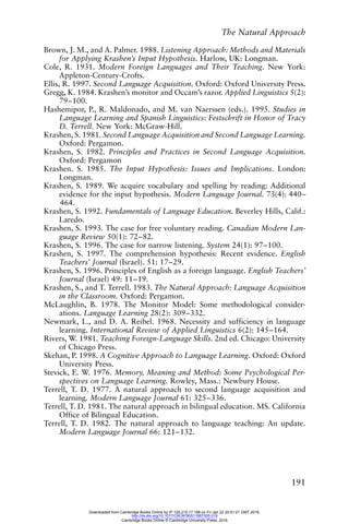 The Natural Approach
191
Brown, J. M., and A. Palmer. 1988. Listening Approach: Methods and Materials
for Applying Krashen’s Input Hypothesis. Harlow, UK: Longman.
Cole, R. 1931. Modern Foreign Languages and Their Teaching. New York:
Appleton-Century-Crofts.
Ellis, R. 1997. Second Language Acquisition. Oxford: Oxford University Press.
Gregg, K. 1984. Krashen’s monitor and Occam’s razor. Applied Linguistics 5(2):
79–100.
Hashemipor, P., R. Maldonado, and M. van Naerssen (eds.). 1995. Studies in
Language Learning and Spanish Linguistics: Festschrift in Honor of Tracy
D. Terrell. New York: McGraw-Hill.
Krashen, S. 1981. Second Language Acquisition and Second Language Learning.
Oxford: Pergamon.
Krashen, S. 1982. Principles and Practices in Second Language Acquisition.
Oxford: Pergamon
Krashen. S. 1985. The Input Hypothesis: Issues and Implications. London:
Longman.
Krashen, S. 1989. We acquire vocabulary and spelling by reading: Additional
evidence for the input hypothesis. Modern Language Journal. 73(4): 440–
464.
Krashen, S. 1992. Fundamentals of Language Education. Beverley Hills, Calif.:
Laredo.
Krashen, S. 1993. The case for free voluntary reading. Canadian Modern Lan-
guage Review 50(1): 72–82.
Krashen, S. 1996. The case for narrow listening. System 24(1): 97–100.
Krashen, S. 1997. The comprehension hypothesis: Recent evidence. English
Teachers’ Journal (Israel). 51: 17–29.
Krashen, S. 1996. Principles of English as a foreign language. English Teachers’
Journal (Israel) 49: 11–19.
Krashen, S., and T. Terrell. 1983. The Natural Approach: Language Acquisition
in the Classroom. Oxford: Pergamon.
McLaughlin, B. 1978. The Monitor Model: Some methodological consider-
ations. Language Learning 28(2): 309–332.
Newmark, L., and D. A. Reibel. 1968. Necessity and sufficiency in language
learning. International Review of Applied Linguistics 6(2): 145–164.
Rivers, W. 1981. Teaching Foreign-Language Skills. 2nd ed. Chicago: University
of Chicago Press.
Skehan, P. 1998. A Cognitive Approach to Language Learning. Oxford: Oxford
University Press.
Stevick, E. W. 1976. Memory, Meaning and Method: Some Psychological Per-
spectives on Language Learning. Rowley, Mass.: Newbury House.
Terrell, T. D. 1977. A natural approach to second language acquisition and
learning. Modern Language Journal 61: 325–336.
Terrell, T. D. 1981. The natural approach in bilingual education. MS. California
Office of Bilingual Education.
Terrell, T. D. 1982. The natural approach to language teaching: An update.
Modern Language Journal 66: 121–132.
Downloaded from Cambridge Books Online by IP 129.215.17.188 on Fri Jan 22 20:51:21 GMT 2016.
http://dx.doi.org/10.1017/CBO9780511667305.019
Cambridge Books Online © Cambridge University Press, 2016
 