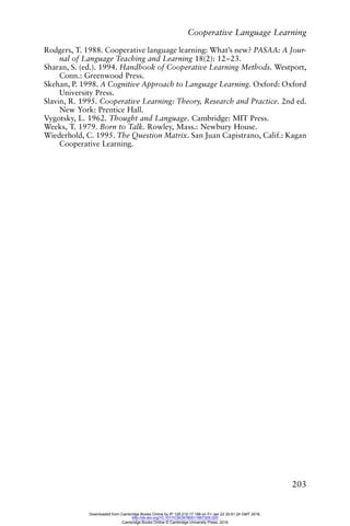 Cooperative Language Learning
203
Rodgers, T. 1988. Cooperative language learning: What’s new? PASAA: A Jour-
nal of Language Teaching and Learning 18(2): 12–23.
Sharan, S. (ed.). 1994. Handbook of Cooperative Learning Methods. Westport,
Conn.: Greenwood Press.
Skehan, P. 1998. A Cognitive Approach to Language Learning. Oxford: Oxford
University Press.
Slavin, R. 1995. Cooperative Learning: Theory, Research and Practice. 2nd ed.
New York: Prentice Hall.
Vygotsky, L. 1962. Thought and Language. Cambridge: MIT Press.
Weeks, T. 1979. Born to Talk. Rowley, Mass.: Newbury House.
Wiederhold, C. 1995. The Question Matrix. San Juan Capistrano, Calif.: Kagan
Cooperative Learning.
Downloaded from Cambridge Books Online by IP 129.215.17.188 on Fri Jan 22 20:51:24 GMT 2016.
http://dx.doi.org/10.1017/CBO9780511667305.020
Cambridge Books Online © Cambridge University Press, 2016
 