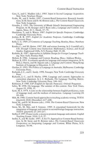 Content-Based Instruction
221
Gass, S., and C. Madden (eds.). 1985. Input in Second Language Acquisition.
New York: Newbury House.
Grabe, W., and F. Stoller. 1997. Content-Based Instruction: Research founda-
tions. In M. Snow and D. M. Brinton (eds.), The Content-Based Classroom.
New York: Longman.
Grandin, J. 1993. The University of Rhode Island’s International Engineering
Program. In M. Krueger and F. Ryan (eds.), Language and Content. Lex-
ington, Mass.: D. C. Heath. 57–79.
Hutchison, T., and A. Waters. 1987. English for Specific Purposes. Cambridge:
Cambridge University Press.
Jordan, R. R. 1997. English for Academic Purposes. Cambridge: Cambridge
University Press.
Kelly, L. G. 1969. 25 Centuries of Language Teaching. Rowley, Mass.: Newbury
House.
Kessler, C., and M. Quinn. 1987. ESL and science learning. In J. Crandall (ed.),
ESL through Content Area Instruction: Mathematics, Science, and Social
Studies. Englewood Cliffs, N.Y. Prentice Hall. 55–88.
Krahnke, K. 1987. Approaches to Syllabus Design for Foreign Language Teach-
ing. New York: Prentice Hall.
Mohan, B. 1986. Language and Content. Reading, Mass.: Addison-Wesley.
Mohan, B. 1993. A common agenda for language and content integration. In N.
Bird, J. Harris, and M. Ingram (eds.), Language and Content. Hong Kong:
Institute of Language in Education. 4–19.
Ozolins, U. 1993. The Politics of Language in Australia. Melbourne: Cambridge
University Press.
Richards, J. C., and C. Sandy. 1998. Passages. New York: Cambridge University
Press.
Richards, J. C., and D. Hurley. 1990. Language and content: Approaches to
curriculum alignment. In J. C. Richards, The Language Teaching Matrix.
New York: Cambridge University Press. 144–162.
Robinson, P. 1980. ESP (English for Specific Purposes). Oxford: Pergamon.
Safire, W. 1998. On language: The summer of this content. New York Times,
August 19, 1998, 15.
Scott, M. S. 1974. A note on the relationship between English proficiency, years
of language study and the medium of instruction. Language Learning 24:
99–104.
Shih, M. 1986. Content-based approaches to teaching academic writing. TESOL
Quarterly 20(4) (December): 617–648.
Snow, M., and D. M. Brinton (eds.). 1998. The Content-Based Classroom. New
York: Longman.
Snow, M., M. Met, and F. Genesee. 1989. A conceptual framework for the
integration of language and content in second/foreign language instruction.
TESOL Quarterly 23: 201–217.
Stoller, F. 1997. Project work: a means to promote language and content. English
Teaching Forum. 35(4): 2–9, 37.
Stoller, F., and W. Grabe. 1997. A Six-T’s Approach to Content-Based Instruc-
tion. In M. Snow and D. Brinton (eds.), The Content-Based Classroom:
Perspectives on Integrating Language and Content. White Plains, N.Y.:
Longman. 78–94.
Downloaded from Cambridge Books Online by IP 129.215.17.188 on Fri Jan 22 20:51:40 GMT 2016.
http://dx.doi.org/10.1017/CBO9780511667305.021
Cambridge Books Online © Cambridge University Press, 2016
 