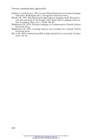 Current communicative approaches
222
Stryker, S., and B. Leaver. 1993. Content-Based Instruction in Foreign Language
Education. Washington, D.C.: Georgetown University Press.
Wesche, M. 1993. Discipline-based approaches to language study: Research is-
sues and outcomes. In M. Krueger and F. Ryan (eds.), Language and Con-
tent. Lexington, Mass.: D. C. Heath. 80–95.
Widdowson, H. 1978. Teaching Language as Communication. Oxford: Oxford
University Press.
Widdowson, H. 1983. Learning Purpose and Learning Use. Oxford: Oxford
University Press.
Wu, S.-M. 1996. Content-based ESL at high school level: A case study. Prospect
11(1): 18–36.
Downloaded from Cambridge Books Online by IP 129.215.17.188 on Fri Jan 22 20:51:40 GMT 2016.
http://dx.doi.org/10.1017/CBO9780511667305.021
Cambridge Books Online © Cambridge University Press, 2016
 