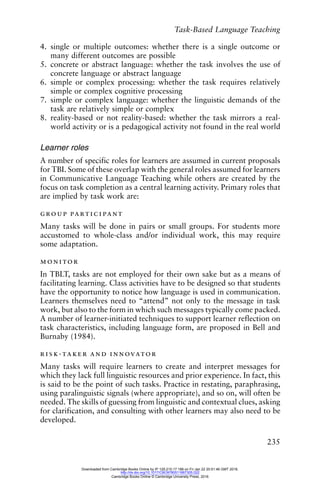 Task-Based Language Teaching
235
4. single or multiple outcomes: whether there is a single outcome or
many different outcomes are possible
5. concrete or abstract language: whether the task involves the use of
concrete language or abstract language
6. simple or complex processing: whether the task requires relatively
simple or complex cognitive processing
7. simple or complex language: whether the linguistic demands of the
task are relatively simple or complex
8. reality-based or not reality-based: whether the task mirrors a real-
world activity or is a pedagogical activity not found in the real world
Learner roles
A number of specific roles for learners are assumed in current proposals
for TBI. Some of these overlap with the general roles assumed for learners
in Communicative Language Teaching while others are created by the
focus on task completion as a central learning activity. Primary roles that
are implied by task work are:
group participant
Many tasks will be done in pairs or small groups. For students more
accustomed to whole-class and/or individual work, this may require
some adaptation.
monitor
In TBLT, tasks are not employed for their own sake but as a means of
facilitating learning. Class activities have to be designed so that students
have the opportunity to notice how language is used in communication.
Learners themselves need to “attend” not only to the message in task
work, but also to the form in which such messages typically come packed.
A number of learner-initiated techniques to support learner reflection on
task characteristics, including language form, are proposed in Bell and
Burnaby (1984).
risk-taker and innovator
Many tasks will require learners to create and interpret messages for
which they lack full linguistic resources and prior experience. In fact, this
is said to be the point of such tasks. Practice in restating, paraphrasing,
using paralinguistic signals (where appropriate), and so on, will often be
needed. The skills of guessing from linguistic and contextual clues, asking
for clarification, and consulting with other learners may also need to be
developed.
Downloaded from Cambridge Books Online by IP 129.215.17.188 on Fri Jan 22 20:51:46 GMT 2016.
http://dx.doi.org/10.1017/CBO9780511667305.022
Cambridge Books Online © Cambridge University Press, 2016
 