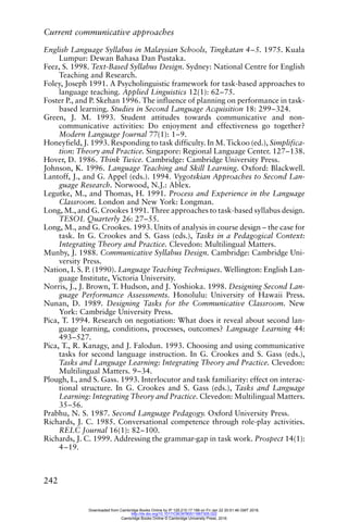 Current communicative approaches
242
English Language Syllabus in Malaysian Schools, Tingkatan 4–5. 1975. Kuala
Lumpur: Dewan Bahasa Dan Pustaka.
Feez, S. 1998. Text-Based Syllabus Design. Sydney: National Centre for English
Teaching and Research.
Foley, Joseph 1991. A Psycholinguistic framework for task-based approaches to
language teaching. Applied Linguistics 12(1): 62–75.
Foster P., and P. Skehan 1996. The influence of planning on performance in task-
based learning. Studies in Second Language Acquisition 18: 299–324.
Green, J. M. 1993. Student attitudes towards communicative and non-
communicative activities: Do enjoyment and effectiveness go together?
Modern Language Journal 77(1): 1–9.
Honeyfield, J. 1993. Responding to task difficulty. In M. Tickoo (ed.), Simplifica-
tion: Theory and Practice. Singapore: Regional Language Center. 127–138.
Hover, D. 1986. Think Twice. Cambridge: Cambridge University Press.
Johnson, K. 1996. Language Teaching and Skill Learning. Oxford: Blackwell.
Lantoff, J., and G. Appel (eds.). 1994. Vygotskian Approaches to Second Lan-
guage Research. Norwood, N.J.: Ablex.
Legutke, M., and Thomas, H. 1991. Process and Experience in the Language
Classroom. London and New York: Longman.
Long, M., and G. Crookes 1991. Three approaches to task-based syllabus design.
TESOL Quarterly 26: 27–55.
Long, M., and G. Crookes. 1993. Units of analysis in course design – the case for
task. In G. Crookes and S. Gass (eds.), Tasks in a Pedagogical Context:
Integrating Theory and Practice. Clevedon: Multilingual Matters.
Munby, J. 1988. Communicative Syllabus Design. Cambridge: Cambridge Uni-
versity Press.
Nation, I. S. P. (1990). Language Teaching Techniques. Wellington: English Lan-
guage Institute, Victoria University.
Norris, J., J. Brown, T. Hudson, and J. Yoshioka. 1998. Designing Second Lan-
guage Performance Assessments. Honolulu: University of Hawaii Press.
Nunan, D. 1989. Designing Tasks for the Communicative Classroom. New
York: Cambridge University Press.
Pica, T. 1994. Research on negotiation: What does it reveal about second lan-
guage learning, conditions, processes, outcomes? Language Learning 44:
493–527.
Pica, T., R. Kanagy, and J. Falodun. 1993. Choosing and using communicative
tasks for second language instruction. In G. Crookes and S. Gass (eds.),
Tasks and Language Learning: Integrating Theory and Practice. Clevedon:
Multilingual Matters. 9–34.
Plough, I., and S. Gass. 1993. Interlocutor and task familiarity: effect on interac-
tional structure. In G. Crookes and S. Gass (eds.), Tasks and Language
Learning: Integrating Theory and Practice. Clevedon: Multilingual Matters.
35–56.
Prabhu, N. S. 1987. Second Language Pedagogy. Oxford University Press.
Richards, J. C. 1985. Conversational competence through role-play activities.
RELC Journal 16(1): 82–100.
Richards, J. C. 1999. Addressing the grammar-gap in task work. Prospect 14(1):
4–19.
Downloaded from Cambridge Books Online by IP 129.215.17.188 on Fri Jan 22 20:51:46 GMT 2016.
http://dx.doi.org/10.1017/CBO9780511667305.022
Cambridge Books Online © Cambridge University Press, 2016
 