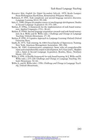 Task-Based Language Teaching
243
Resource Kits: English for Upper Secondary Schools. 1979. Kuala Lumpur:
Pusat Perbangunan Kurikulum, Kementarian Pelajaran Malaysia.
Robinson, P. 1995. Task complexity and second language narrative discourse.
Language Learning 45(1): 99–140.
Sato, C. 1988. Origins of complex syntax in interlanguage development. Studies
in Second Language Acquisition 10: 371–395.
Skehan, P. 1996a. A framework for the implementation of task-based instruc-
tion. Applied Linguistics 17(1): 38–61.
Skehan, P. 1996b. Second language acquisition research and task-based instruc-
tion. In J. Willis and D. Willis (eds.). Challenge and Change in Language
Teaching. Oxford: Heinemann. 17–30.
Skehan, P. 1998. A Cognitive Approach to Language Learning. Oxford: Oxford
University Press.
Smith, D. 1971. Task training. In AMA Encyclopedia of Supervisory Training.
New York: American Management Association. 581–586.
Swain, M. 1985. Communicative competence: Some roles of comprehensible
input and comprehensible output in development. In S. Gass and C. Madden
(eds.), Input in Second Language Acquisition. Rowley, Mass.: Newbury
House. 235–256.
Willis, J. 1996. A flexible framework for task-based learning. In J. Willis and D.
Willis (eds.), 235–256 Challenge and Change in Language Teaching. Ox-
ford: Heinemann. 52–62.
Willis, J., and D. Willis (eds.). 1996. Challenge and Change in Language Teach-
ing. Oxford: Heinemann.
Downloaded from Cambridge Books Online by IP 129.215.17.188 on Fri Jan 22 20:51:46 GMT 2016.
http://dx.doi.org/10.1017/CBO9780511667305.022
Cambridge Books Online © Cambridge University Press, 2016
 