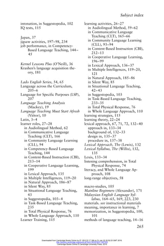 Subject index
265
intonation, in Suggestopedia, 102
IQ tests, 115
Japan, 37
jigsaw activities, 197–98, 234
job performance, in Competency-
Based Language Teaching, 144–
45
Kernel Lessons Plus (O’Neill), 36
Krashen’s language acquisition the-
ory, 181
Lado English Series, 54, 65
Language across the Curriculum,
205–6
Language for Specific Purposes (LSP),
207
Language Teaching Analysis
(Mackey), 19
Language Teaching Must Start Afresh
(Viëtor), 10
Latin, 3–4
learner roles, 27–28
in Audiolingual Method, 62
in Communicative Language
Teaching (CLT), 166
in Community Language Learning
(CLL), 94
in Competency-Based Language
Teaching, 144
in Content-Based Instruction (CBI),
213–14
in Cooperative Language Learning,
199
in Lexical Approach, 135
in Multiple Intelligences, 119–20
in Natural Approach, 186–87
in Silent Way, 85
in Situational Language Teaching,
43
in Suggestopedia, 103–4
in Task-Based Language Teaching,
235
in Total Physical Response, 76
in Whole Language Approach, 110
Learner Training, 115
learning activities, 26–27
in Audiolingual Method, 59–62
in Communicative Language
Teaching (CLT), 165–66
in Community Language Learning
(CLL), 93–94
in Content-Based Instruction (CBI),
212–13
in Cooperative Language Learning,
196–99
in Lexical Approach, 136–37
in Multiple Intelligences, 119–20,
121
in Natural Approach, 185–86
in Silent Way, 85
in Situational Language Teaching,
42–43
in Suggestopedia, 103
in Task-Based Language Teaching,
233–35
in Total Physical Response, 76
in Whole Language Approach, 110
learning strategies, 115
learning theory, 22–24
lexical approach, 67, 71, 72, 132–40
approach in, 133–34
background of, 132–33
design in, 135–37
procedure in, 137–38
Lexical Approach, The (Lewis), 132
Lexical Syllabus, The (Willis), 132,
135
Lexis, 133–34
listening comprehension, in Total
Physical Response, 74
literacy, and Whole Language Ap-
proach, 108
long-range objectives, 58
macro-studies, 105
Mainline Beginners (Alexander), 171
Malaysian English Language Syl-
labus, 164–65, 169, 223, 230
materials. see instructional materials
meaning, importance in learning, 7
memorization, in Suggestopedia, 100,
101
methods of language teaching, 14–16
Downloaded from Cambridge Books Online by IP 129.215.17.188 on Fri Jan 22 20:52:23 GMT 2016.
http://ebooks.cambridge.org/ebook.jsf?bid=CBO9780511667305
Cambridge Books Online © Cambridge University Press, 2016
 