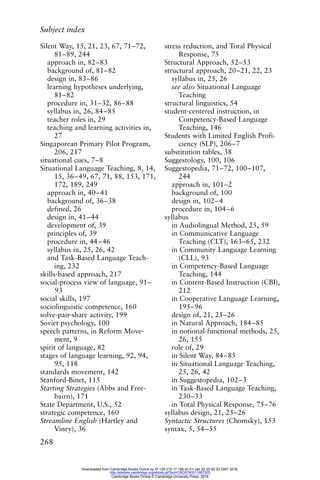 Subject index
268
Silent Way, 15, 21, 23, 67, 71–72,
81–89, 244
approach in, 82–83
background of, 81–82
design in, 83–86
learning hypotheses underlying,
81–82
procedure in, 31–32, 86–88
syllabus in, 26, 84–85
teacher roles in, 29
teaching and learning activities in,
27
Singaporean Primary Pilot Program,
206, 217
situational cues, 7–8
Situational Language Teaching, 8, 14,
15, 36–49, 67, 71, 88, 153, 171,
172, 189, 249
approach in, 40–41
background of, 36–38
defined, 26
design in, 41–44
development of, 39
principles of, 39
procedure in, 44–46
syllabus in, 25, 26, 42
and Task-Based Language Teach-
ing, 232
skills-based approach, 217
social-process view of language, 91–
93
social skills, 197
sociolinguistic competence, 160
solve-pair-share activity, 199
Soviet psychology, 100
speech patterns, in Reform Move-
ment, 9
spirit of language, 82
stages of language learning, 92, 94,
95, 118
standards movement, 142
Stanford-Binet, 115
Starting Strategies (Abbs and Free-
bairn), 171
State Department, U.S., 52
strategic competence, 160
Streamline English (Hartley and
Viney), 36
stress reduction, and Total Physical
Response, 75
Structural Approach, 52–53
structural approach, 20–21, 22, 23
syllabus in, 25, 26
see also Situational Language
Teaching
structural linguistics, 54
student-centered instruction, in
Competency-Based Language
Teaching, 146
Students with Limited English Profi-
ciency (SLP), 206–7
substitution tables, 38
Suggestology, 100, 106
Suggestopedia, 71–72, 100–107,
244
approach in, 101–2
background of, 100
design in, 102–4
procedure in, 104–6
syllabus
in Audiolingual Method, 25, 59
in Communicative Language
Teaching (CLT), 163–65, 232
in Community Language Learning
(CLL), 93
in Competency-Based Language
Teaching, 144
in Content-Based Instruction (CBI),
212
in Cooperative Language Learning,
195–96
design of, 21, 25–26
in Natural Approach, 184–85
in notional-functional methods, 25,
26, 155
role of, 29
in Silent Way, 84–85
in Situational Language Teaching,
25, 26, 42
in Suggestopedia, 102–3
in Task-Based Language Teaching,
230–33
in Total Physical Response, 75–76
syllabus design, 21, 25–26
Syntactic Structures (Chomsky), 153
syntax, 5, 54–55
Downloaded from Cambridge Books Online by IP 129.215.17.188 on Fri Jan 22 20:52:23 GMT 2016.
http://ebooks.cambridge.org/ebook.jsf?bid=CBO9780511667305
Cambridge Books Online © Cambridge University Press, 2016
 