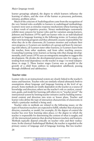 Major language trends
28
learner groupings adopted, the degree to which learners influence the
learning of others, and the view of the learner as processor, performer,
initiator, problem solver.
Much of the criticism of Audiolingualism came from the recognition of
the very limited roles available to learners in audiolingual methodology.
Learners were seen as stimulus-response mechanisms whose learning was
a direct result of repetitive practice. Newer methodologies customarily
exhibit more concern for learner roles and for variation among learners.
Johnson and Paulston (1976) spell out learner roles in an individualized
approach to language learning in the following terms: (a) Learners plan
their own learning program and thus ultimately assume responsibility for
what they do in the classroom; (b) Learners monitor and evaluate their
own progress; (c) Learners are members of a group and learn by interact-
ing with others; (d) Learners tutor other learners; (e) Learners learn from
the teacher, from other students, and from other teaching sources.
Counseling-Learning views learners as having roles that change develop-
mentally, and Curran (1976) uses an ontogenetic metaphor to suggest this
development. He divides the developmental process into five stages, ex-
tending from total dependency on the teacher in stage 1 to total indepen-
dence in stage 5. These learner stages Curran sees as parallel to the
growth of a child from embryo to independent adulthood, passing
through childhood and adolescence.
Teacher roles
Learner roles in an instructional system are closely linked to the teacher’s
status and function. Teacher roles are similarly related ultimately both to
assumptions about language and language learning at the level of ap-
proach. Some methods are totally dependent on the teacher as a source of
knowledge and direction; others see the teacher’s role as catalyst, consul-
tant, guide, and model for learning; still others try to “teacher-proof” the
instructional system by limiting teacher initiative and by building instruc-
tional content and direction into texts or lesson plans. Teacher and
learner roles define the type of interaction characteristic of classrooms in
which a particular method is being used.
Teacher roles in methods are related to the following issues: (a) the
types of functions teachers are expected to fulfill, whether that of practice
director, counselor, or model, for example; (b) the degree of control the
teacher has over how learning takes place; (c) the degree to which the
teacher is responsible for determining the content of what is taught; and
(d) the interactional patterns that develop between teachers and learners.
Methods typically depend critically on teacher roles and their realiza-
tions. In the classical Audiolingual Method, the teacher is regarded as the
primary source of language and of language learning. But less teacher-
Downloaded from Cambridge Books Online by IP 129.215.17.188 on Fri Jan 22 20:47:14 GMT 2016.
http://dx.doi.org/10.1017/CBO9780511667305.004
Cambridge Books Online © Cambridge University Press, 2016
 