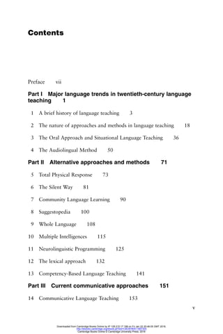 v
Contents
Preface vii
Part I Major language trends in twentieth-century language
teaching 1
1 A brief history of language teaching 3
2 The nature of approaches and methods in language teaching 18
3 The Oral Approach and Situational Language Teaching 36
4 The Audiolingual Method 50
Part II Alternative approaches and methods 71
5 Total Physical Response 73
6 The Silent Way 81
7 Community Language Learning 90
8 Suggestopedia 100
9 Whole Language 108
10 Multiple Intelligences 115
11 Neurolinguistic Programming 125
12 The lexical approach 132
13 Competency-Based Language Teaching 141
Part III Current communicative approaches 151
14 Communicative Language Teaching 153
Downloaded from Cambridge Books Online by IP 129.215.17.188 on Fri Jan 22 20:46:05 GMT 2016.
http://ebooks.cambridge.org/ebook.jsf?bid=CBO9780511667305
Cambridge Books Online © Cambridge University Press, 2016
 