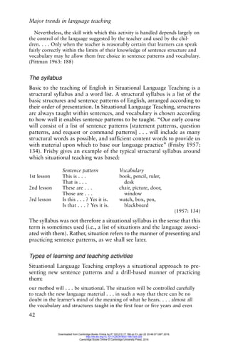 Major trends in language teaching
42
Nevertheless, the skill with which this activity is handled depends largely on
the control of the language suggested by the teacher and used by the chil-
dren. . . . Only when the teacher is reasonably certain that learners can speak
fairly correctly within the limits of their knowledge of sentence structure and
vocabulary may he allow them free choice in sentence patterns and vocabulary.
(Pittman 1963: 188)
The syllabus
Basic to the teaching of English in Situational Language Teaching is a
structural syllabus and a word list. A structural syllabus is a list of the
basic structures and sentence patterns of English, arranged according to
their order of presentation. In Situational Language Teaching, structures
are always taught within sentences, and vocabulary is chosen according
to how well it enables sentence patterns to be taught. “Our early course
will consist of a list of sentence patterns [statement patterns, question
patterns, and request or command patterns] . . . will include as many
structural words as possible, and sufficient content words to provide us
with material upon which to base our language practice” (Frisby 1957:
134). Frisby gives an example of the typical structural syllabus around
which situational teaching was based:
Sentence pattern Vocabulary
1st lesson This is . . . book, pencil, ruler,
That is . . . desk
2nd lesson These are . . . chair, picture, door,
Those are . . . window
3rd lesson Is this . . . ? Yes it is. watch, box, pen,
Is that . . . ? Yes it is. blackboard
(1957: 134)
The syllabus was not therefore a situational syllabus in the sense that this
term is sometimes used (i.e., a list of situations and the language associ-
ated with them). Rather, situation refers to the manner of presenting and
practicing sentence patterns, as we shall see later.
Types of learning and teaching activities
Situational Language Teaching employs a situational approach to pre-
senting new sentence patterns and a drill-based manner of practicing
them:
our method will . . . be situational. The situation will be controlled carefully
to teach the new language material . . . in such a way that there can be no
doubt in the learner’s mind of the meaning of what he hears. . . . almost all
the vocabulary and structures taught in the first four or five years and even
Downloaded from Cambridge Books Online by IP 129.215.17.188 on Fri Jan 22 20:48:07 GMT 2016.
http://dx.doi.org/10.1017/CBO9780511667305.005
Cambridge Books Online © Cambridge University Press, 2016
 
