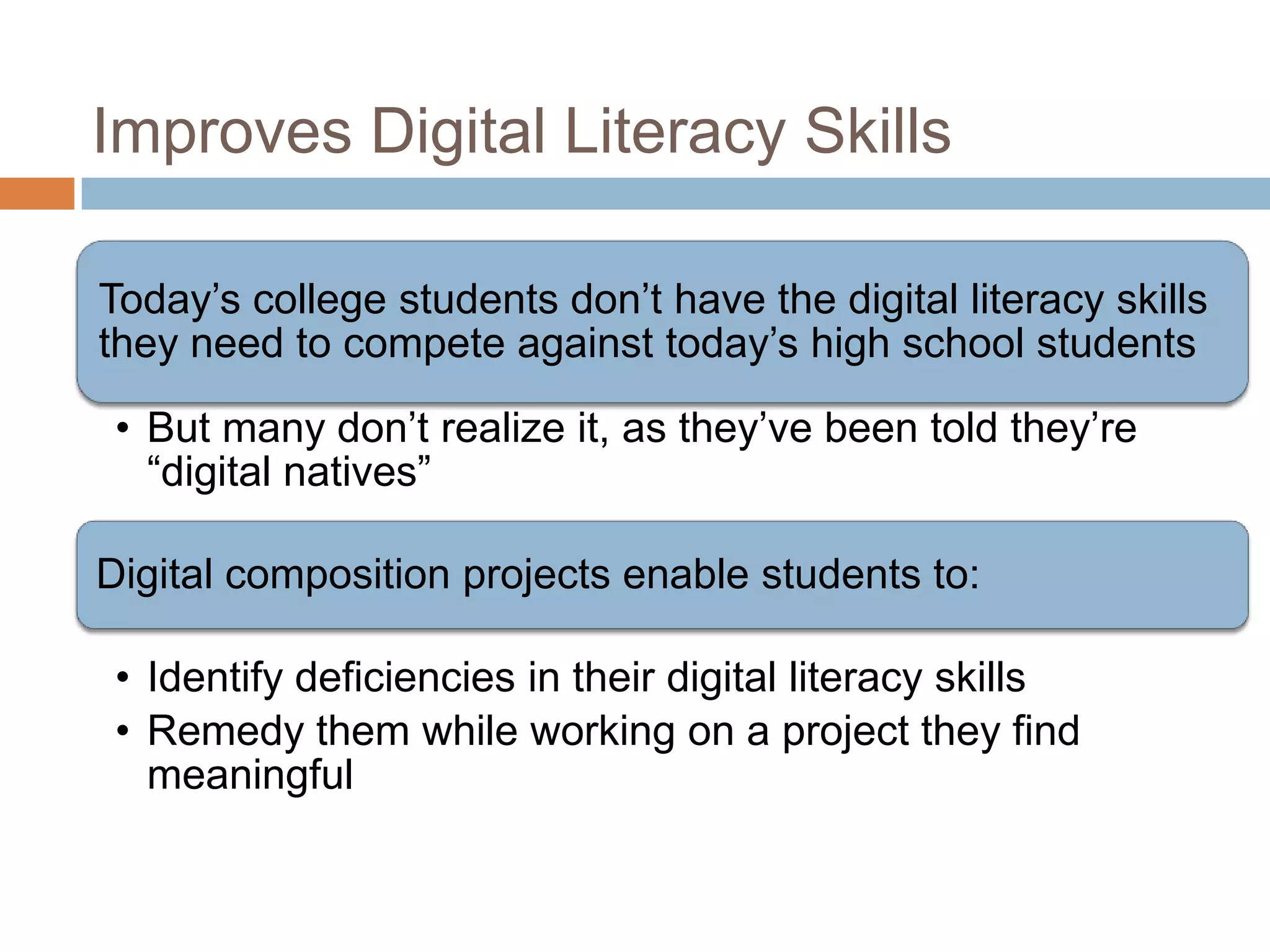 Improves Digital Literacy Skills

Today’s college students don’t have the digital literacy skills
they need to compete against today’s high school students

 • But many don’t realize it, as they’ve been told they’re
   “digital natives”

Digital composition projects enable students to:

 • Identify deficiencies in their digital literacy skills
 • Remedy them while working on a project they find
   meaningful
 