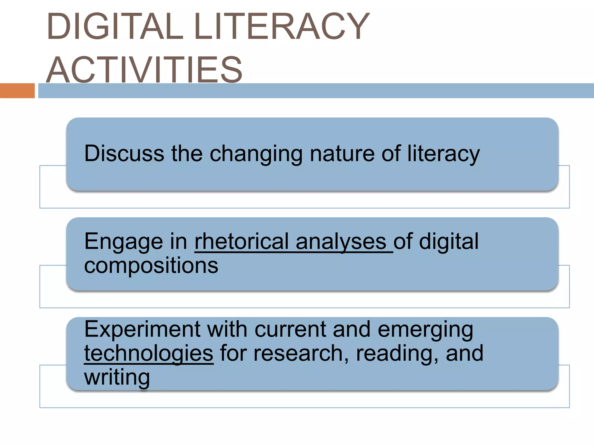 DIGITAL LITERACY
ACTIVITIES

 Discuss the changing nature of literacy


 Engage in rhetorical analyses of digital
 compositions

 Experiment with current and emerging
 technologies for research, reading, and
 writing
 