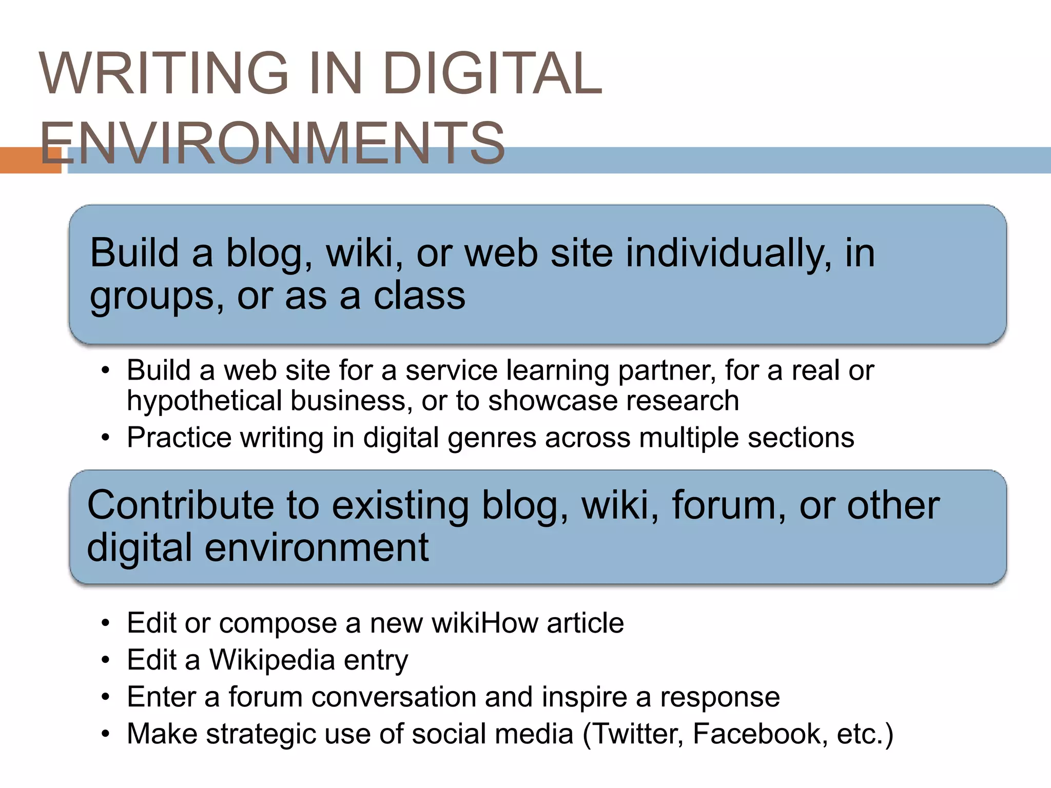 WRITING IN DIGITAL
ENVIRONMENTS
 Build a blog, wiki, or web site individually, in
 groups, or as a class
 • Build a web site for a service learning partner, for a real or
   hypothetical business, or to showcase research
 • Practice writing in digital genres across multiple sections

 Contribute to existing blog, wiki, forum, or other
 digital environment
 •   Edit or compose a new wikiHow article
 •   Edit a Wikipedia entry
 •   Enter a forum conversation and inspire a response
 •   Make strategic use of social media (Twitter, Facebook, etc.)
 