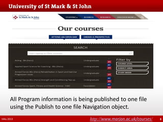 All Program information is being published to one file
using the Publish to one file Navigation object.
t44u 2013

http://www.marjon.ac.uk/courses/

8

 