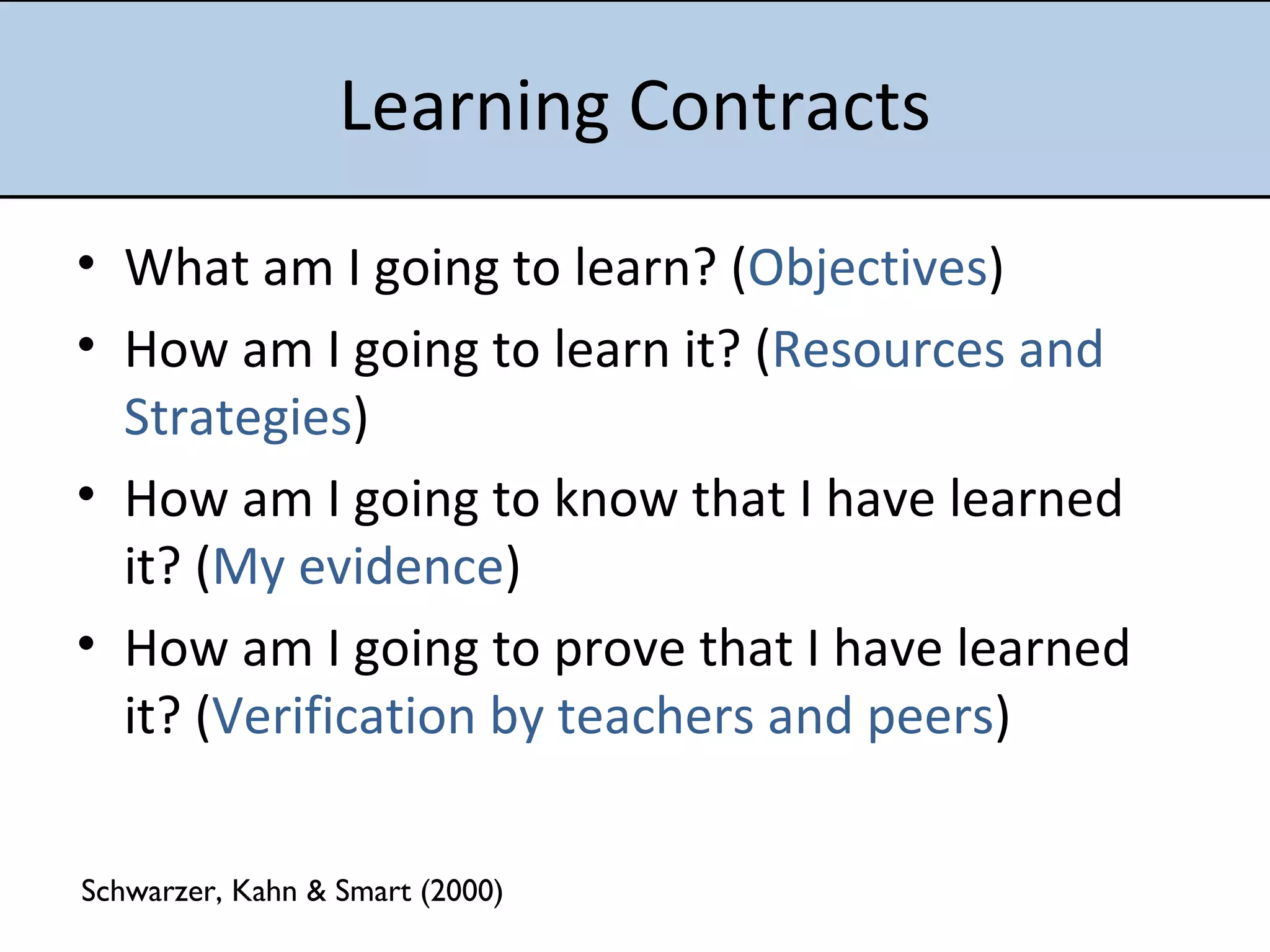 Learning Contracts What am I going to learn? ( Objectives ) How am I going to learn it? ( Resources and Strategies ) How am I going to know that I have learned it? ( My evidence ) How am I going to prove that I have learned it? ( Verification by teachers and peers ) Schwarzer, Kahn & Smart (2000) 