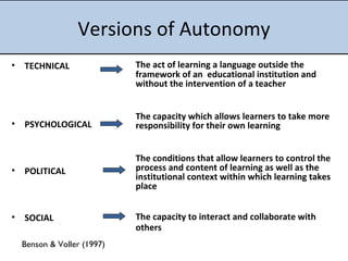 Versions of Autonomy TECHNICAL PSYCHOLOGICAL POLITICAL SOCIAL The act of learning a language outside the framework of an  educational institution and without the intervention of a teacher The capacity which allows learners to take more responsibility for their own learning The conditions that allow learners to control the process and content of learning as well as the institutional context within which learning takes place The capacity to interact and collaborate with others Benson & Voller (1997) 