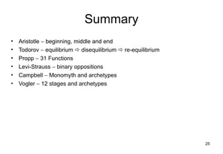 Summary Aristotle    beginning, middle and end Todorov    equilibrium    disequilibrium    re-equilibrium Propp    31 Functions Levi-Strauss    binary oppositions Campbell    Monomyth and archetypes Vogler    12 stages and archetypes 