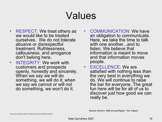Values <ul><li>RESPECT:  We treat others as we would like to be treated ourselves.  We do not tolerate abusive or disrespe...