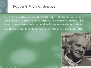 Popper’s View of Science Scientific activity does not start with empirical observation, as is so often claimed. Rather, it starts with the existence of a problem. The idea that scientists wander around making empirical observations and then attempt to explain those observations was just plain silly.   Presented by Brent Daigle, Ph.D. (ABD ) 