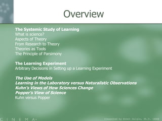 Overview The Systemic Study of Learning What is science?  Aspects of Theory From Research to Theory  Theories as Tools  The Principle of Parsimony The Learning Experiment  Arbitrary Decisions in Setting up a Learning Experiment  The Use of Models Learning in the Laboratory versus Naturalistic Observations Kuhn’s Views of How Sciences Change  Popper’s View of Science Kuhn versus Popper Presented by Brent Daigle, Ph.D. (ABD ) 
