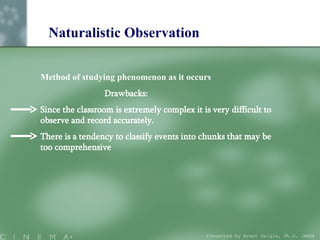 Naturalistic Observation Method of studying phenomenon as it occurs Drawbacks: Since the classroom is extremely complex it is very difficult to observe and record accurately.  There is a tendency to classify events into chunks that may be too comprehensive Presented by Brent Daigle, Ph.D. (ABD ) 