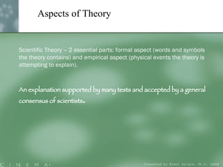 Aspects of Theory Scientific Theory – 2 essential parts: formal aspect (words and symbols the theory contains) and empirical aspect (physical events the theory is attempting to explain). An explanation supported by many tests and accepted by a general consensus of scientists . Presented by Brent Daigle, Ph.D. (ABD ) 