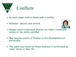 Conflicts
 At each stage child is faced with a conflict
 Between desires and control
 Stages where instinctual desires are either completely
unmet or too easily satisfied
 May become points of fixation in the development of
personality
 The adult may return to these fixations if confronted by
major stress in later life
 