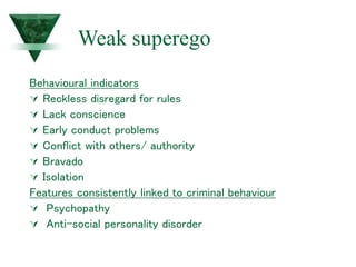 Weak superego
Behavioural indicators
 Reckless disregard for rules
 Lack conscience
 Early conduct problems
 Conflict with others/ authority
 Bravado
 Isolation
Features consistently linked to criminal behaviour
 Psychopathy
 Anti-social personality disorder
 