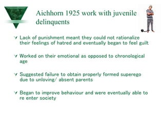 Aichhorn 1925 work with juvenile
delinquents
 Lack of punishment meant they could not rationalize
their feelings of hatred and eventually began to feel guilt
 Worked on their emotional as opposed to chronological
age
 Suggested failure to obtain properly formed superego
due to unloving/ absent parents
 Began to improve behaviour and were eventually able to
re enter society
 
