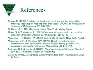 References
Agnew, R. (1995). Testing the leading crime theories: An alternative
strategy focusing on motivational processes. Journal of Research in
Crime and Delinquency, 32, 363-398.
Aichhorn, A. (1925) Wayward Youth. New York, Viking Press.
Akhar, S. & Thompson, A. (1982) Overview of narcissistic personality
disorder. American Journal of Psychiatry, 139: 12-20
Alexander, F & Healey, W. (1935) The Roots of Crime. New York, Knopf.
Alexander, J. F., & Parsons, B.V. (1973). Short-term behavioral
intervention with delinquent families: Impact family process and
recidivism. Journal of Abnormal Psychology, 81, 219-225.
Andrews, D.A. & Bonta, J. (2003). The Psychology of Criminal Conduct,
(3rd Ed.). Cincinnati, Anderson Publishing.
Barak, G. (1998). Integrating Criminologies. Needham Heights, MA, Allyn
& Bacon.
 