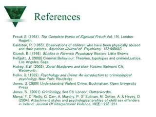 References
Freud, S. (1961). The Complete Works of Sigmund Freud (Vol. 19). London:
Hogarth.
Galdston, R. (1965), Observations of children who have been physically abused
and their parents. American Journal of Psychiatry 122:440443
Glueck, B. (1916). Studies in Forensic Psychiatry. Boston: Little Brown.
Helfgott, J. (2008) Criminal Behaviour: Theories, typologies and criminal justice.
Los Angeles, Sage.
Hickey, E.W. (2002). Serial Murderers and their Victims. Belmont CA,
Wadsworth.
Hollin, C. (1989). Psychology and Crime: An introduction to criminological
psychology. New York: Routledge
Jones, S. (2000) Understanding Violent Crime. Buckingham, Open University
Press
Jones, S. (2001) Criminology, 2nd Ed. London, Butterworths.
Marsa, F. O’Reilly, G. Carr, A, Murphy, P. O’Sullivan, M. Cotter, A. & Hevey, D.
(2004). Attachment styles and psychological profiles of child sex offenders
in Ireland. Journal Of Interpersonal Violence, 19(2) : 228-251.
 