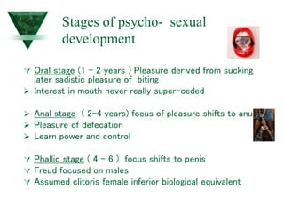 Stages of psycho- sexual
development
 Oral stage (1 – 2 years ) Pleasure derived from sucking
later sadistic pleasure of biting
 Interest in mouth never really super-ceded
 Anal stage ( 2-4 years) focus of pleasure shifts to anus
 Pleasure of defecation
 Learn power and control
 Phallic stage ( 4 – 6 ) focus shifts to penis
 Freud focused on males
 Assumed clitoris female inferior biological equivalent
 