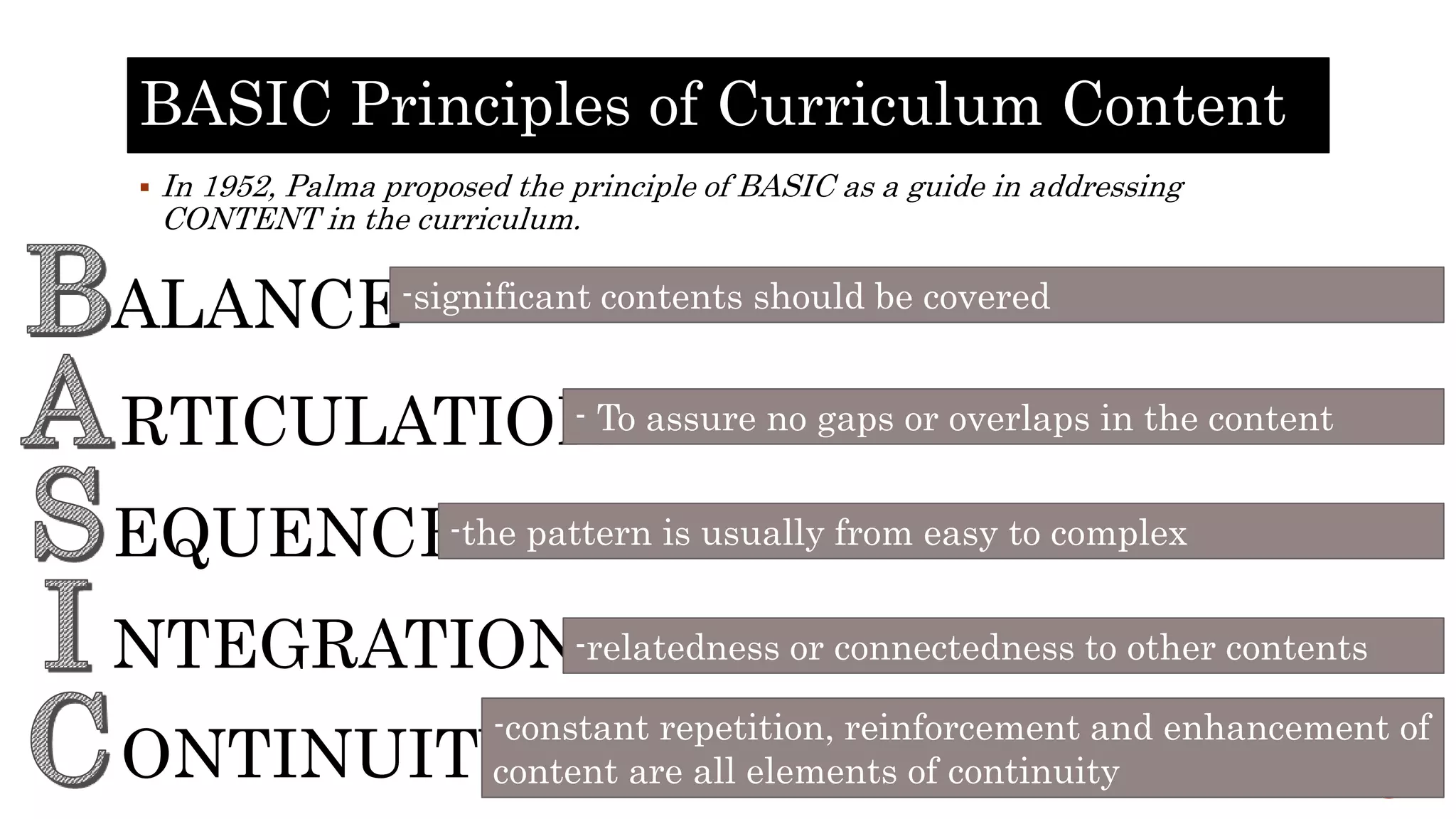 BASIC Principles of Curriculum Content
 In 1952, Palma proposed the principle of BASIC as a guide in addressing
CONTENT in the curriculum.
ALANCE
RTICULATION
EQUENCE
NTEGRATION
ONTINUITY
-significant contents should be covered
- To assure no gaps or overlaps in the content
-the pattern is usually from easy to complex
-relatedness or connectedness to other contents
-constant repetition, reinforcement and enhancement of
content are all elements of continuity
 