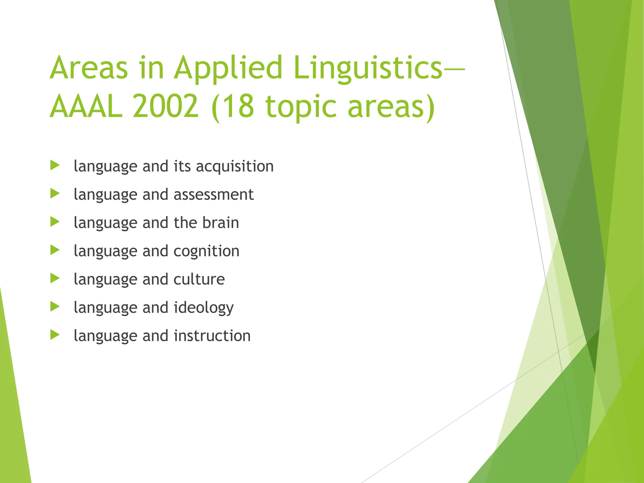 Areas in Applied Linguistics—
AAAL 2002 (18 topic areas)
 language and its acquisition
 language and assessment
 language and the brain
 language and cognition
 language and culture
 language and ideology
 language and instruction
 