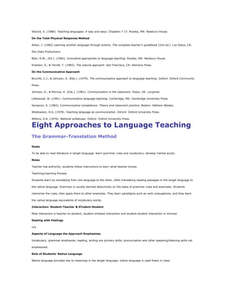 Stevick, E. (1980). Teaching languages: A way and ways. Chapters 7-17. Rowley, MA: Newbury House.

On the Total Physical Response Method

Asher, J. (1982) Learning another language through actions. The complete teacher's guidebook (2nd ed.). Los Gatos, CA:

Sky Oaks Productions.

Blair, R.W., (Ed.). (1982). Innovative approaches to language teaching. Rowley, MA: Newbury House.

Krashen, S., & Terrell, T. (1983). The natural approach. San Francisco, CA: Alemany Press.

On the Communicative Approach

Brumfit, C.J., & Johnson, K. (Eds.). (1979). The communicative approach to language teaching. Oxford: Oxford Community

Press.

Johnson, K., & Morrow, K. (Eds.). (1981). Communication in the classroom. Essex, UK: Longman.

Littlewood, W. (1981). Communicative language teaching. Cambridge, MA: Cambridge University Press.

Savignon, S. (1983). Communicative competence: Theory and classroom practice. Boston: Addison-Wesley.

Widdowson, H.G. (1978). Teaching language as communication. Oxford: Oxford University Press.

Wilkins, D.A. (1976). National syllabuses. Oxford: Oxford University Press.

Eight Approaches to Language Teaching
The Grammar-Translation Method

Goals

To be able to read literature in target language; learn grammar rules and vocabulary; develop mental acuity.

Roles

Teacher has authority; students follow instructions to learn what teacher knows.

Teaching/Learning Process

Students learn by translating from one language to the other, often translating reading passages in the target language to

the native language. Grammar is usually learned deductively on the basis of grammar rules and examples. Students

memorize the rules, then apply them to other examples. They learn paradigms such as verb conjugations, and they learn

the native language equivalents of vocabulary words.

Interaction: Student-Teacher & STudent-Student

Most interaction is teacher-to-student; student-initiated interaction and student-student interaction is minimal.

Dealing with Feelings

n/a

Aspects of Language the Approach Emphasizes

Vocabulary; grammar emphasize; reading, writing are primary skills; pronunciation and other speaking/listening skills not

emphasized.

Role of Students' Native Language

Native language provides key to meanings in the target language; native language is used freely in class.
 