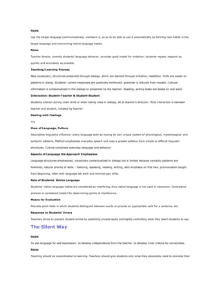 Goals

Use the target language communicatively, overlearn it, so as to be able to use it automatically by forming new habits in the

target language and overcoming native language habits.

Roles

Teacher directs, controls students' language behavior, provides good model for imitation; students repeat, respond as

quickly and accurately as possible.

Teaching/Learning Process

New vocabulary, structures presented through dialogs, which are learned through imitation, repetition. Drills are based on

patterns in dialog. Students' correct responses are positively reinforced; grammar is induced from models. Cultural

information is contextualized in the dialogs or presented by the teacher. Reading, writing tasks are based on oral work.

Interaction: Student-Teacher & Student-Student

Students interact during chain drills or when taking roles in dialogs, all at teacher's direction. Most interaction is between

teacher and student, initiated by teacher.

Dealing with Feelings

n/a

View of Language, Culture

Descriptive linguistics influence: every language seen as having its own unique system of phonological, morphological, and

syntactic patterns. Method emphasizes everyday speech and uses a graded syllabus from simple to difficult linguistic

structures. Culture comprises everyday language and behavior.

Aspects of Language the Approach Emphasizes

Language structures emphasized; vocabulary contextualized in dialogs but is limited because syntactic patterns are

foremost; natural priority of skills – listening, speaking, reading, writing, with emphasis on first two; pronunciation taught

from beginning, often with language lab work and minimal pair drills.

Role of Students' Native Language

Students' native language habits are considered as interfering, thus native language is not used in classroom. Contrastive

analysis is considered helpful for determining points of interference.

Means for Evaluation

Discrete-point tests in which students distinguish between words or provide an appropriate verb for a sentence, etc.

Response to Students' Errors

Teachers strive to prevent student errors by predicting trouble spots and tightly controlling what they teach students to say.


The Silent Way

Goals

To use language for self-expression: to develop independence from the teacher, to develop inner criteria for correctness.

Roles

Teaching should be subordinated to learning. Teachers should give students only what they absolutely need to promote their
 