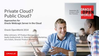 Copyright © 2014 Oracle and/or its affiliates. All rights reserved. | 
Private Cloud? 
Public Cloud? 
Approaches for 
Oracle WebLogic Server in the Cloud 
Oracle OpenWorld 2014 
Mike Lehmann, VP Product Management 
Ayalla Goldschmidt, Sr. Director Product Marketing 
Jens Eckels, Director Product Marketing 
 