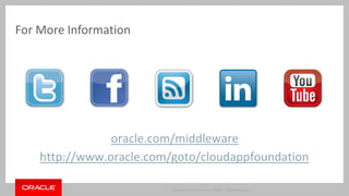 oracle.com/middleware 
Copyright © 2014 Oracle and/or its affiliates. All rights reserved. | 
For More Information 
http://www.oracle.com/goto/cloudappfoundation 
 