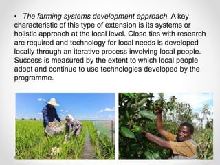 • The farming systems development approach. A key
characteristic of this type of extension is its systems or
holistic approach at the local level. Close ties with research
are required and technology for local needs is developed
locally through an iterative process involving local people.
Success is measured by the extent to which local people
adopt and continue to use technologies developed by the
programme.
 