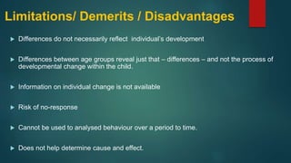 Limitations/ Demerits / Disadvantages
 Differences do not necessarily reflect individual’s development
 Differences between age groups reveal just that – differences – and not the process of
developmental change within the child.
 Information on individual change is not available
 Risk of no-response
 Cannot be used to analysed behaviour over a period to time.
 Does not help determine cause and effect.
 