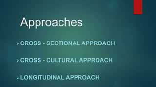 Approaches
CROSS - SECTIONAL APPROACH
CROSS - CULTURAL APPROACH
LONGITUDINAL APPROACH
 
