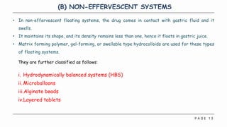 P A G E 1 3
(B) NON-EFFERVESCENT SYSTEMS
• In non-effervescent floating systems, the drug comes in contact with gastric fluid and it
swells.
• It maintains its shape, and its density remains less than one, hence it floats in gastric juice.
• Matrix forming polymer, gel-forming, or swellable type hydrocolloids are used for these types
of floating systems.
They are further classified as follows:
i. Hydrodynamically balanced systems (HBS)
ii. Microballoons
iii.Alginate beads
iv.Layered tablets
 