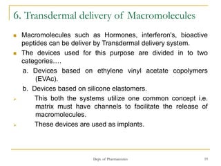 Dept. of Pharmaceutics 19
6. Transdermal delivery of Macromolecules
 Macromolecules such as Hormones, interferon's, bioactive
peptides can be deliver by Transdermal delivery system.
 The devices used for this purpose are divided in to two
categories….
a. Devices based on ethylene vinyl acetate copolymers
(EVAc).
b. Devices based on silicone elastomers.
 This both the systems utilize one common concept i.e.
matrix must have channels to facilitate the release of
macromolecules.
 These devices are used as implants.
 