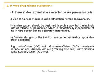 Dept. of Pharmaceutics 25
2. In-vitro drug release evaluation :
i) In these studies, excised skin is mounted on skin permeation cells.
ii) Skin of hairless mouse is used rather than human cadaver skin.
iii) In-vitro system should be designed in such a way that the intrinsic
rate of release or permeation which is theoretically independent of
the in-vitro design can be accurately determined.
iv) Several designs of the in-vitro membrane permeation apparatus
are in existence.
E.g. Valia-Chien (V-C) cell, Ghannam-Chien (G-C) membrane
permeation cell, Jhawer-Lord (J-L) rotating disc cell, Franz diffusion
cell & Keshary-Chien (K-C) cell.
 