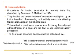 Dept. of Pharmaceutics 28
B. Human volunteers:-
 Procedures for in-vivo evaluation in humans were first
described by Feldmann & Mailbach in 1974.
 They involve the determination of cutaneous absorption by an
indirect method of measuring radioactivity in excreta following
topical application of the labelled drug.
 This method is used since plasma level following Transdermal
administration of a drug are too low to use chemical assay
procedure.
 The % of dose absorbed transdermally is calculated by…
% of dose absorbed =
Total radioactivity excreted after topical administration
Total radioactivity excreted after I. V. administration
x 100
 